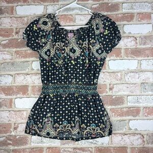 Koi Womens Scrub Top Black Print Elastic Waist Tie Neck Side Pockets Size XS